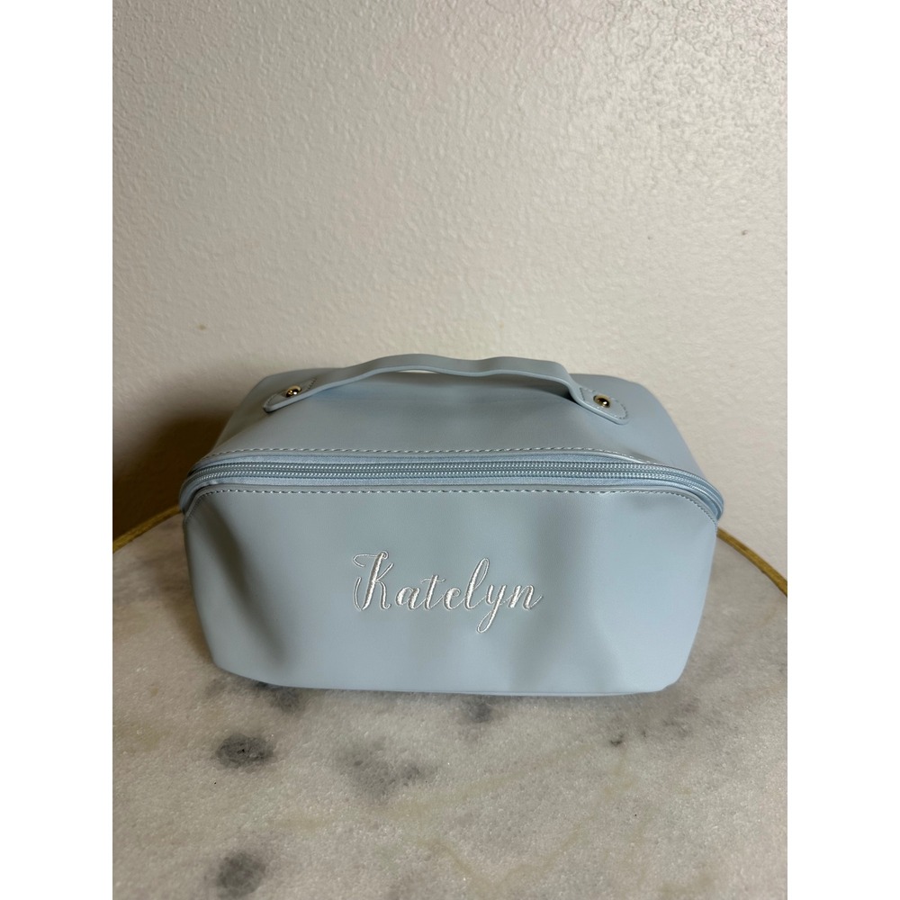Katelyn Personalized Light Blue Vegan Leather Makeup Bag Travel Vanity Case